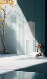 the room has a tree and a table with a hat