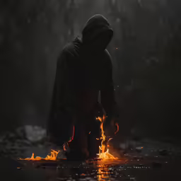 a hooded person is crouched over a fire