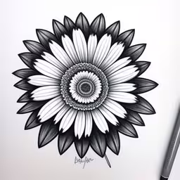 the black and white drawing shows the beautiful flower,a drawing of a sunflower sitting on a paper