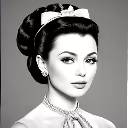 a woman with a big bow in her hair and wearing earrings