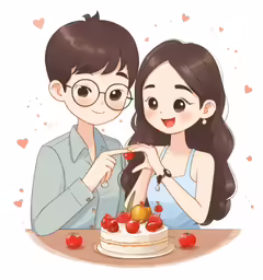 a couple is standing next to a cake with cherries