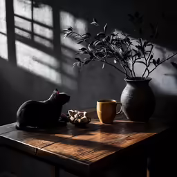 the shadow of a table and cat sculpture