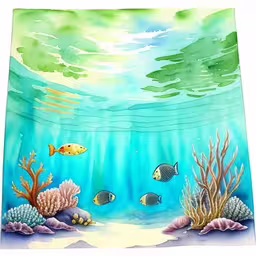 painting of ocean bottom with fish and bubbles,this is an acrylic painting of underwater scenes of corals, fish and algae,a painting of a coral reef with fish,an underseam painting with a yellow fish and two other fishes,an underwater scene is displayed with fish and corals