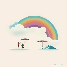 a couple holding an umbrella with a rainbow in the background