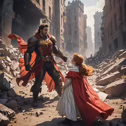 the two superheros stand on rocks with buildings in the background