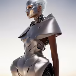 a woman in a futuristic suit with a clock on it