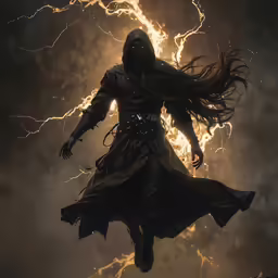 a man is in the air over some lightning
