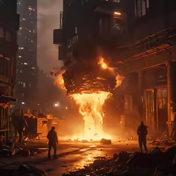 men stand on the streets around a burning building