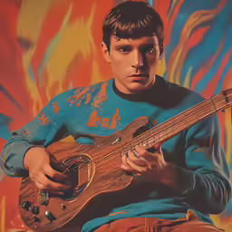 an old photo of a young man holding a wood guitar