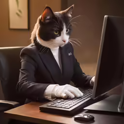 a cat in a suit typing on a computer