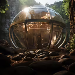 the futuristic house is shown surrounded by rocks