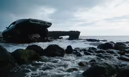 the car is laying down on rocks in the ocean