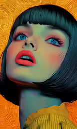 a lady with blue eyes in a yellow top and a wavy bobble