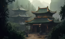 two tall buildings with golden roofs in a forest