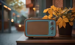 an old fashioned radio sits on top of a table next to a potted plant