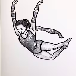 there is a drawing of a woman doing a kick,a black and white drawing of a woman falling from a kite