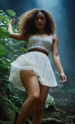 a woman in a white dress walking around in the woods