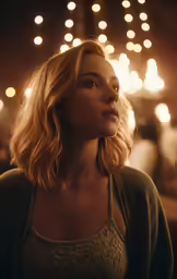the blonde woman in the spotlight is staring ahead
