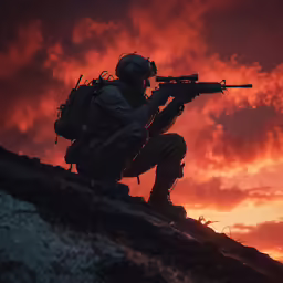 a soldier in full military gear with the gun in his hand crouches to take cover