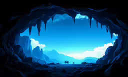 a cave with an inside view of some mountains