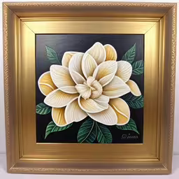 painting with gold frame on white wall,a framed painting of a flower on a black background