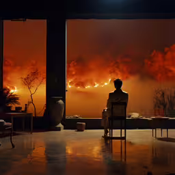 man sitting in a chair facing an orange - red storm,the man is sitting in the chair by the fire