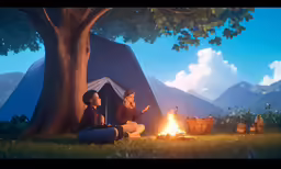 two people sit on the ground in front of a tent as a fire burns