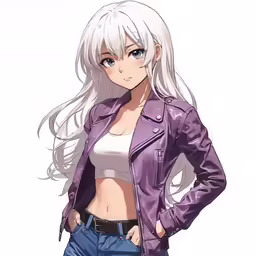 the anime girl with long white hair stands next to her purse