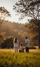 four people are walking through a grass field