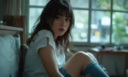 woman sitting on a bed wearing blue shorts