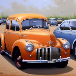 there is a painting of some cars in a parking lot,an orange classic car parked next to a blue vintage car