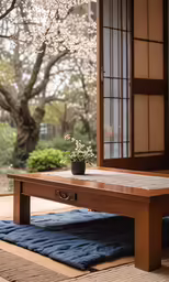 a wooden table with flowers on top in front of a window