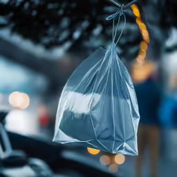 a bag attached to a car outside with the lights behind it