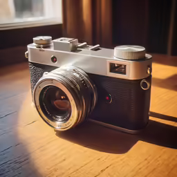 old fashioned camera sitting on wooden table with a window