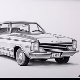 an old - fashioned car has been painted on the wall,drawing of an old, two door hatchback parked on the street