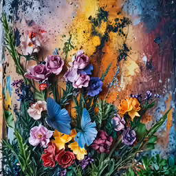 a painting with flowers in it in front of a wall