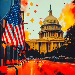 several american flags fly around the capitol building