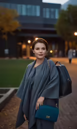 a woman carrying a blue purse standing next to a building