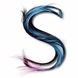 an odd shaped font on white with blue and pink feathers