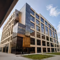 the side of an office building with many windows