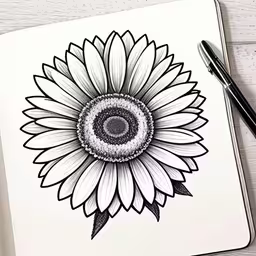 an artist drawing sunflower on a notebook,a drawing on a piece of paper depicting a sunflower