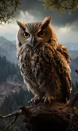 a photograph of an owl on a tree branch