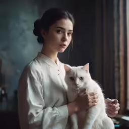 the woman is holding her white cat while standing