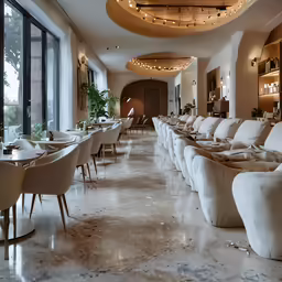 a room with long table and chairs and large windows