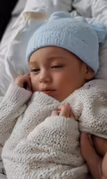 a newborn baby is dressed in a blue hat and sweater
