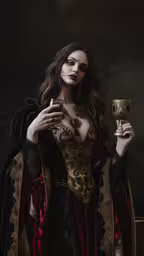 a woman wearing a costume holding a wine glass,a woman with long hair holding a small cup
