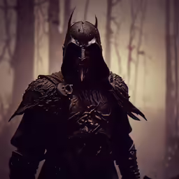 a man in a black armor and helmet standing in a forest