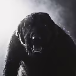 a large black dog standing on a stage