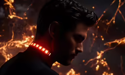 a man in the dark with his red collar and glowing glasses