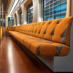 the inside of a large yellow train with lots of windows